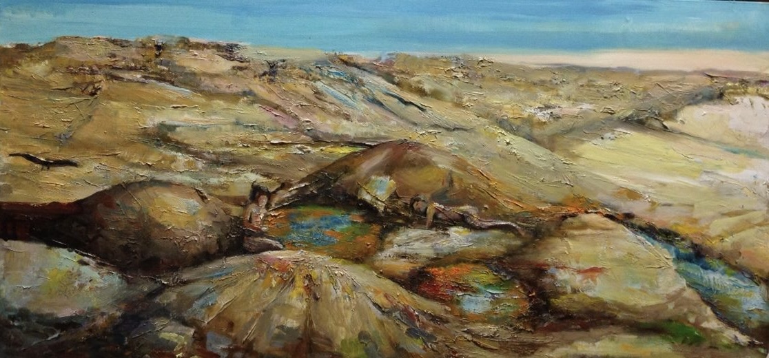 Four Crows, Two Sirens, and Pools of Pure Magic — original oil painting on canvas by Carol D'Arcy. 76×36cm. For sale $1,320 AUD. © Carol D'Arcy.