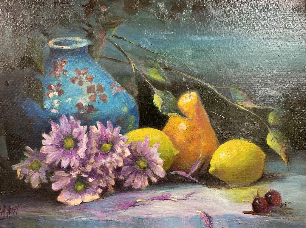 Little Blue Vase — original oil painting on canvas by Carol D'Arcy. 40×30cm. Artist's Collection. © Carol D'Arcy.